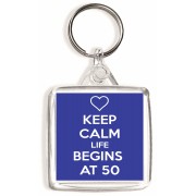 Keep Calm Life Begins at 50 - Square Keyring